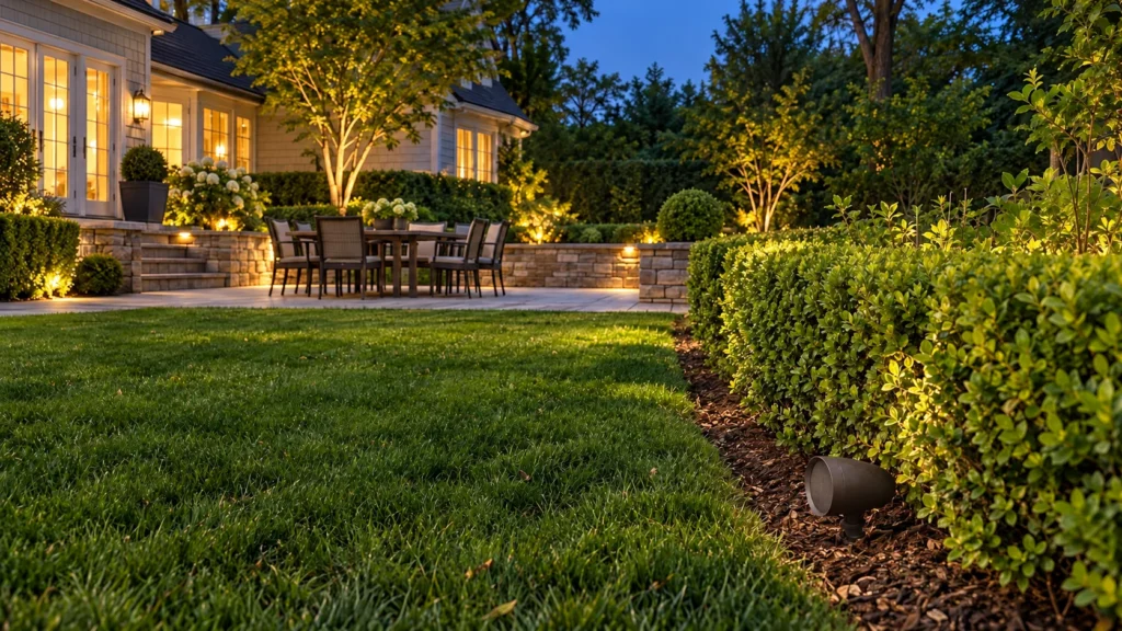 A dark speaker at the base of a boxwood hedge points across the lawn toward a lit patio dining set.